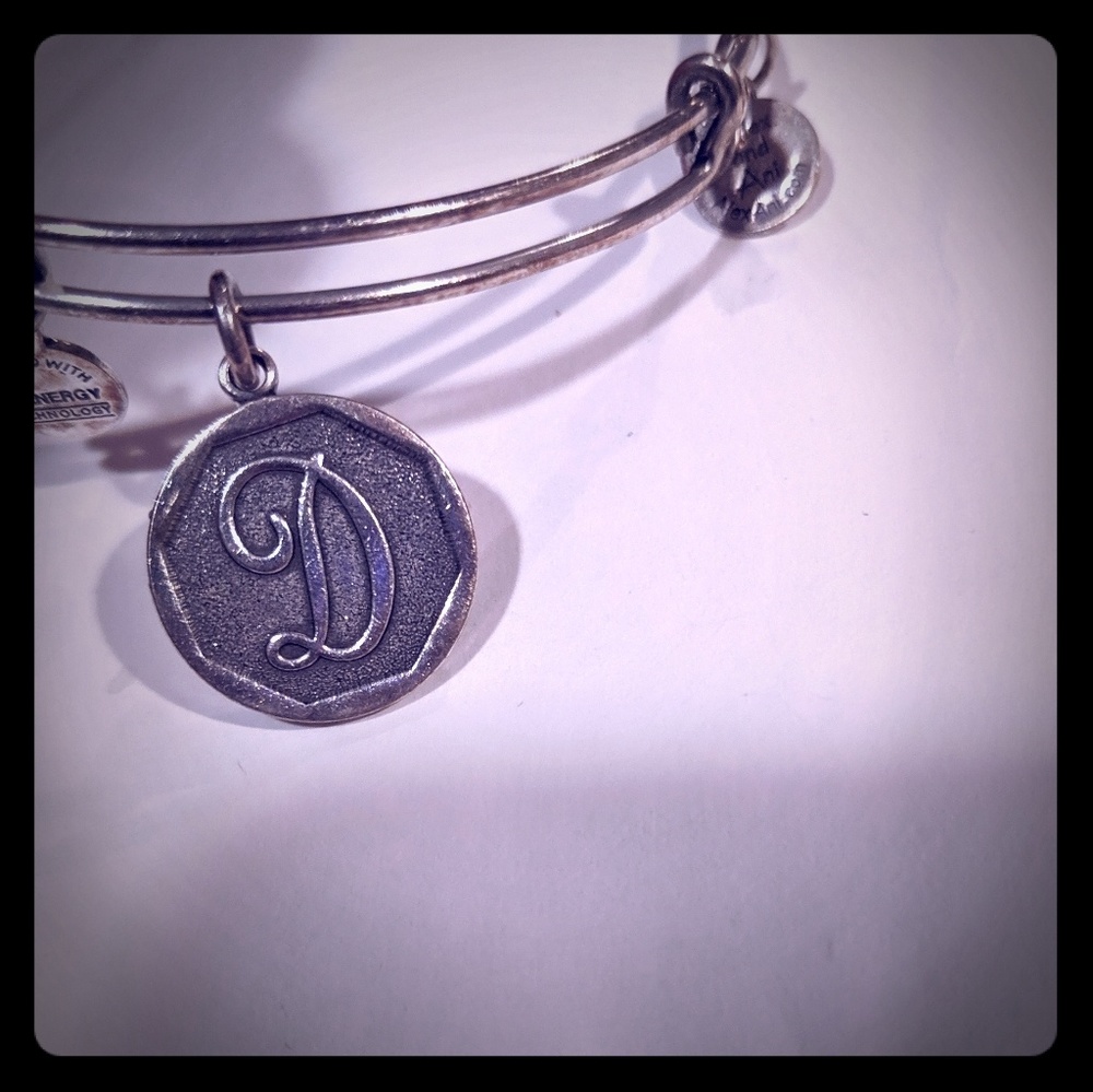 Silver Alex and Ani initial charm bangle